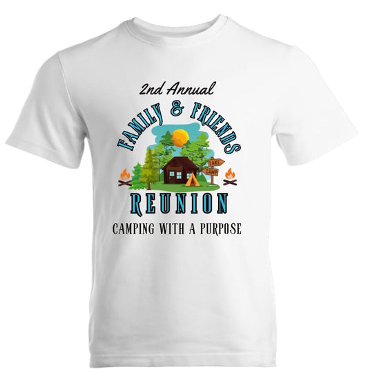 White t-shirt with family and friends reunion graphic design on a white background